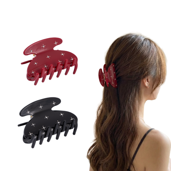 2PCS 3 Inch Sparkling Crystal Hair Claw Clip (Cherry Red & Black)